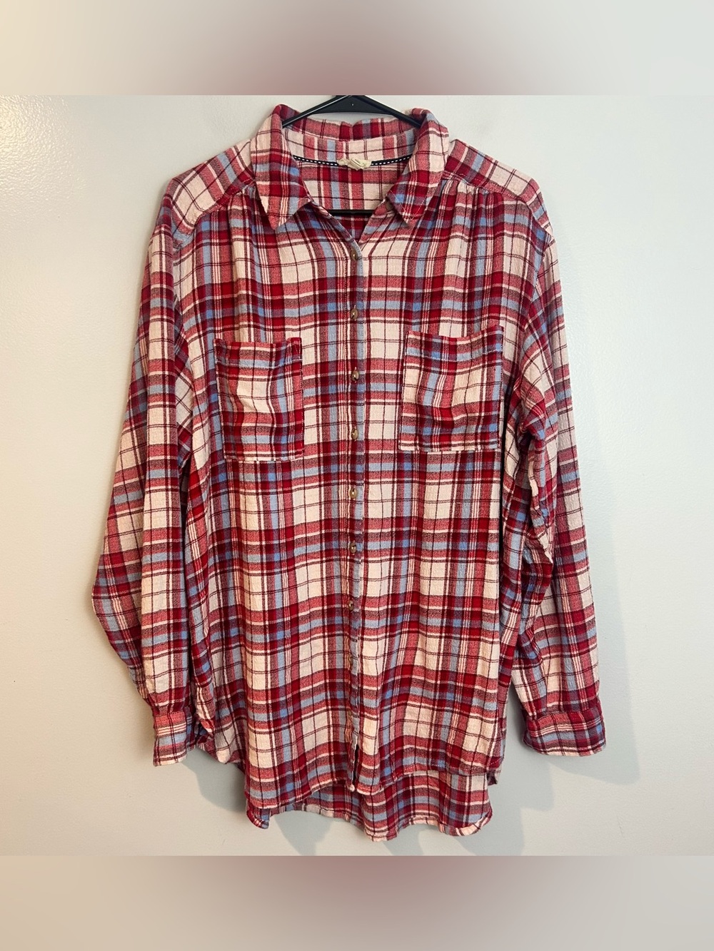 Pilcro Hadley Relaxed Button Down Shirt Red/Pink Plaid Anthropolgie Size Large